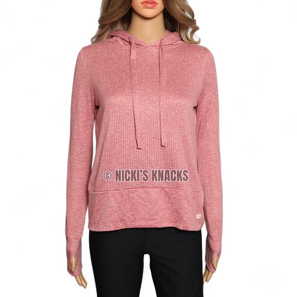 Danskin Ribbed Knit Hoodie Thumbhole Long Sleeve Pullover Pink Size M - Picture 2 of 9